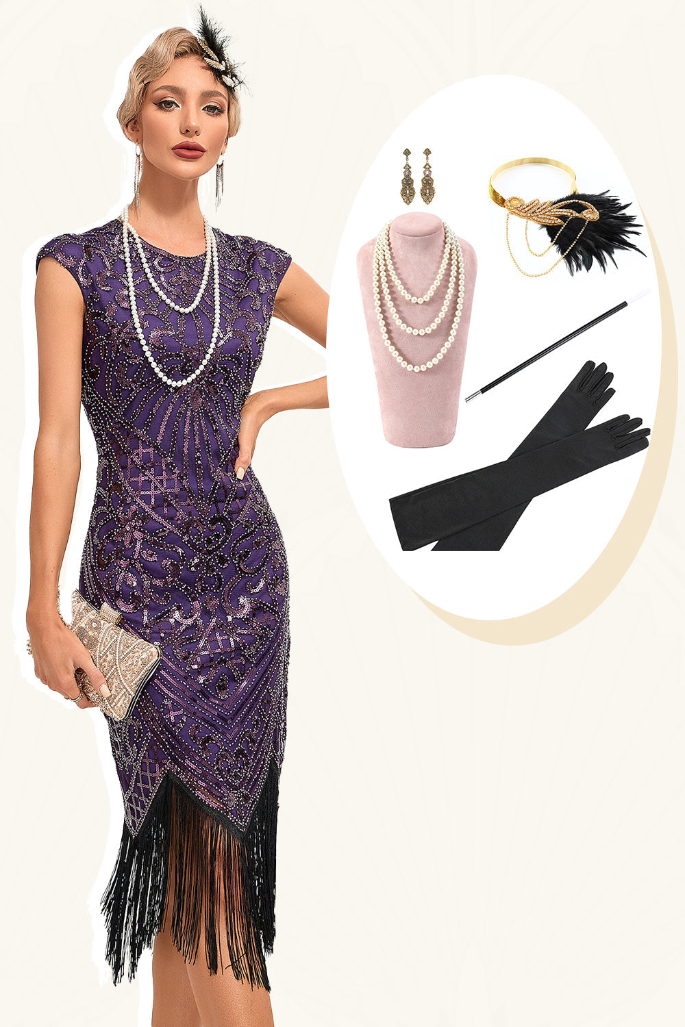 Robe des Années Folles à Franges, Perles Violet Foncé avec Ensemble d'Accessoires