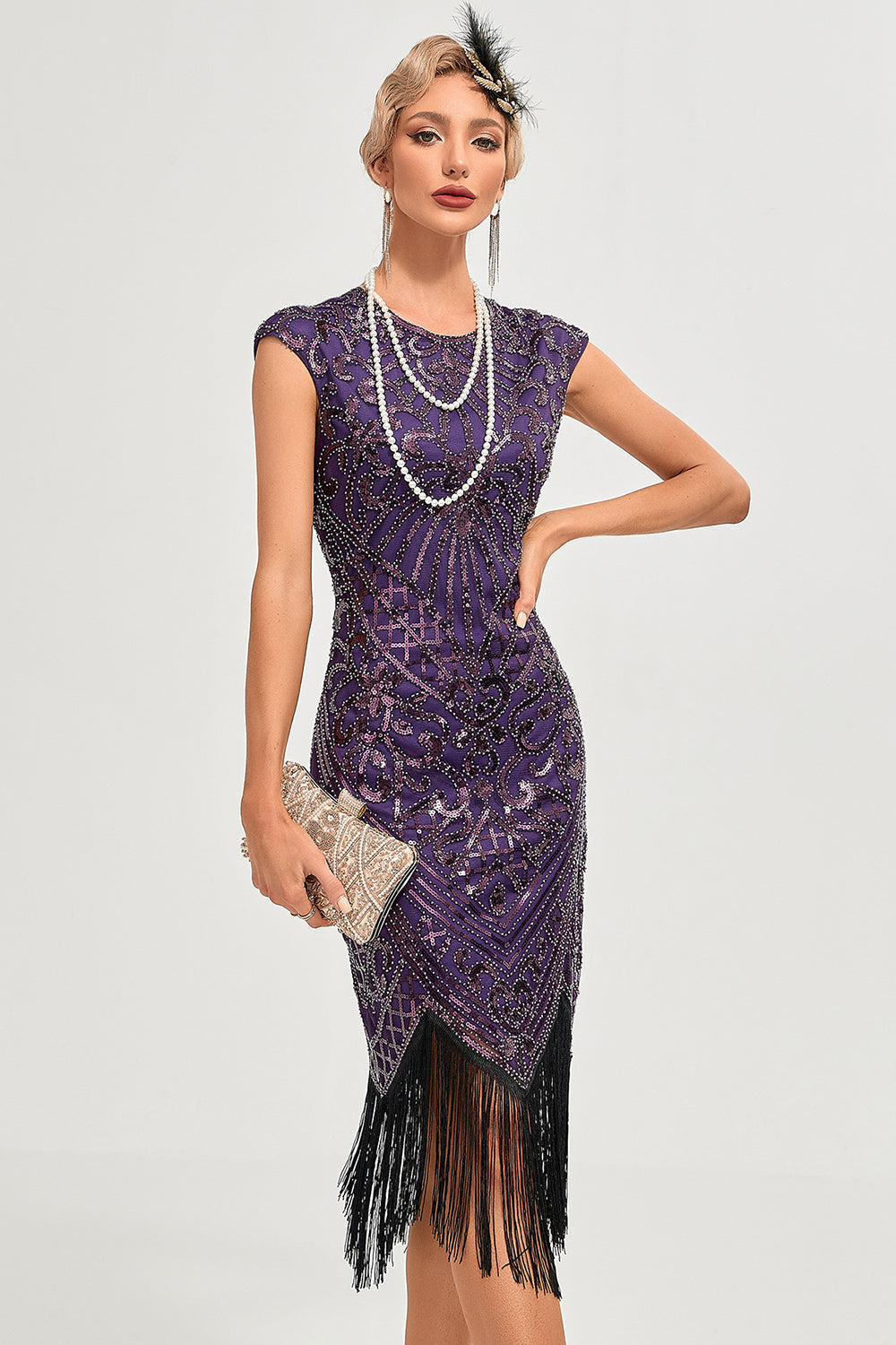 Robe des Années Folles à Franges, Perles Violet Foncé avec Ensemble d'Accessoires