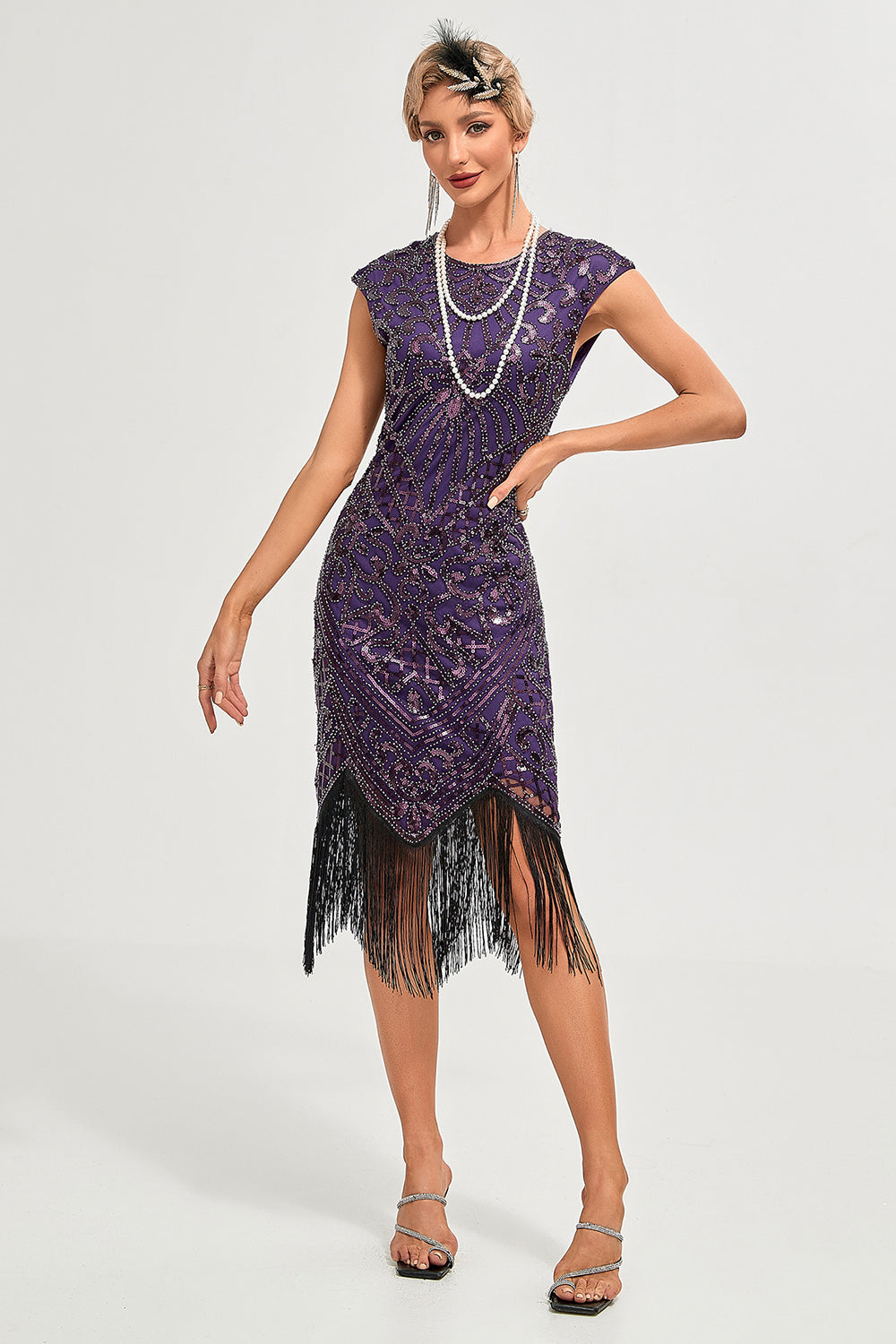 Robe des Années Folles à Franges, Perles Violet Foncé avec Ensemble d'Accessoires