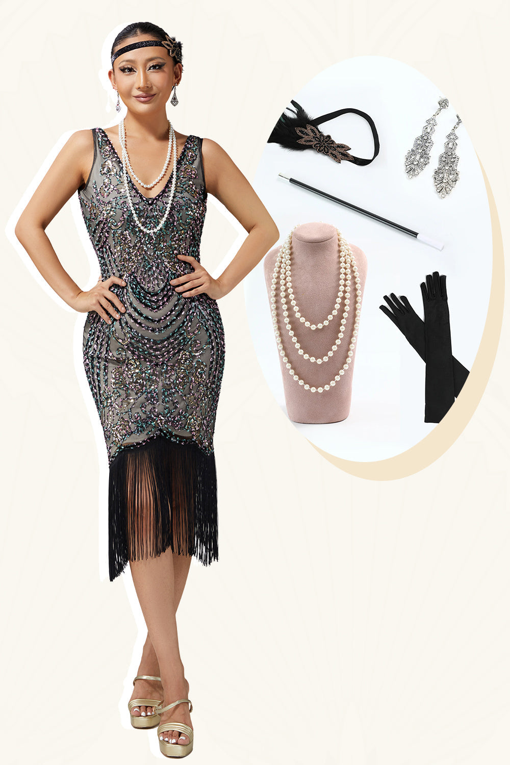Black Apricot Bodycon Fringed Sequin 1920s Dress With 5-Piece Accessories Set