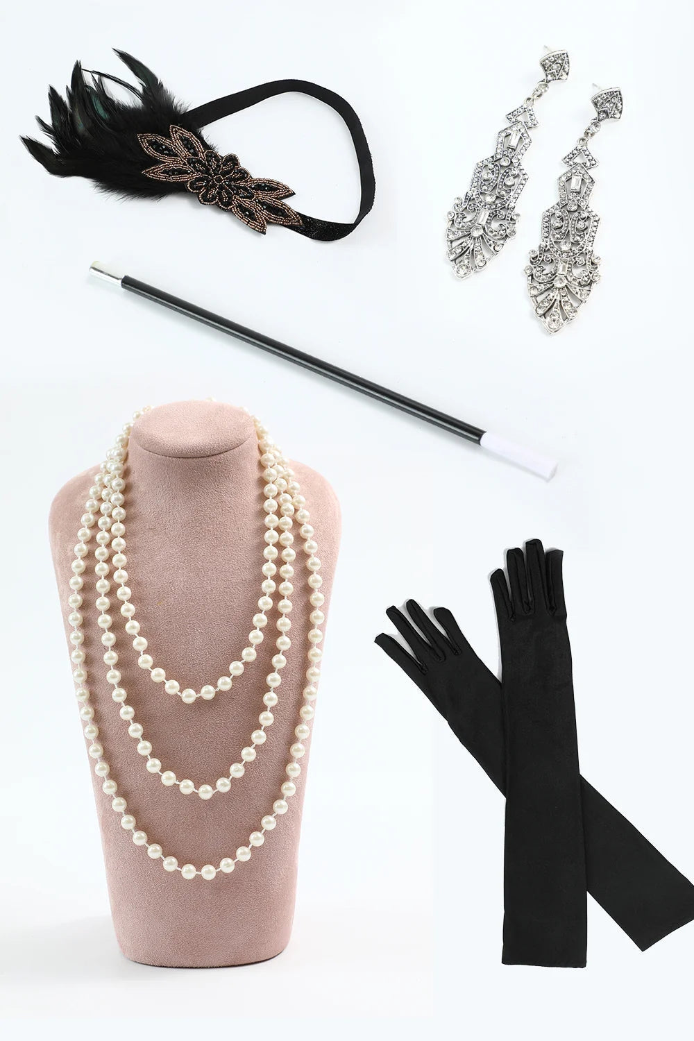 Black Apricot Bodycon Fringed Sequin 1920s Dress With 5-Piece Accessories Set
