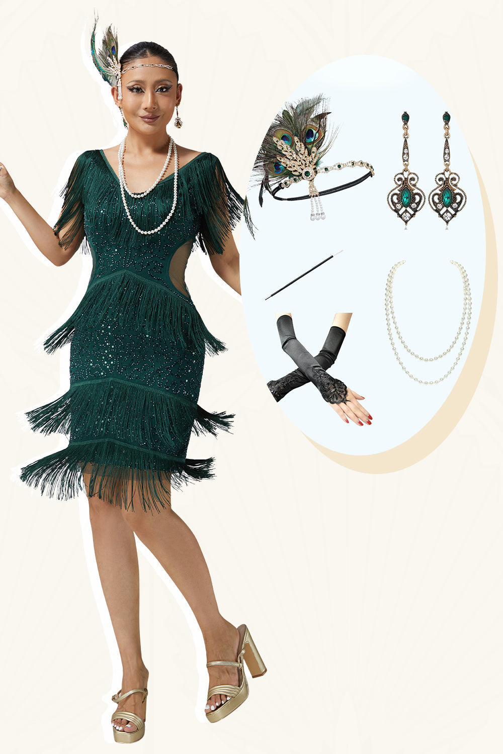 Dark Green Sequin Bodycon Tiered Fringed 1920s Dress with With 5-Piece Accessories Set