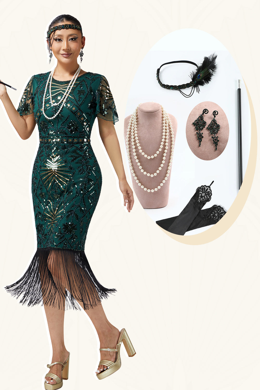 Bodycon Sequin Dark Green Fringed 1920s Dress with 5-Piece Accessory Set