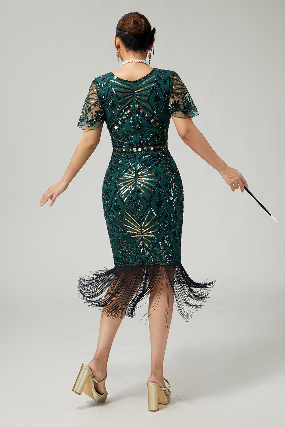 Bodycon Sequin Dark Green Fringed 1920s Dress with 5-Piece Accessory Set