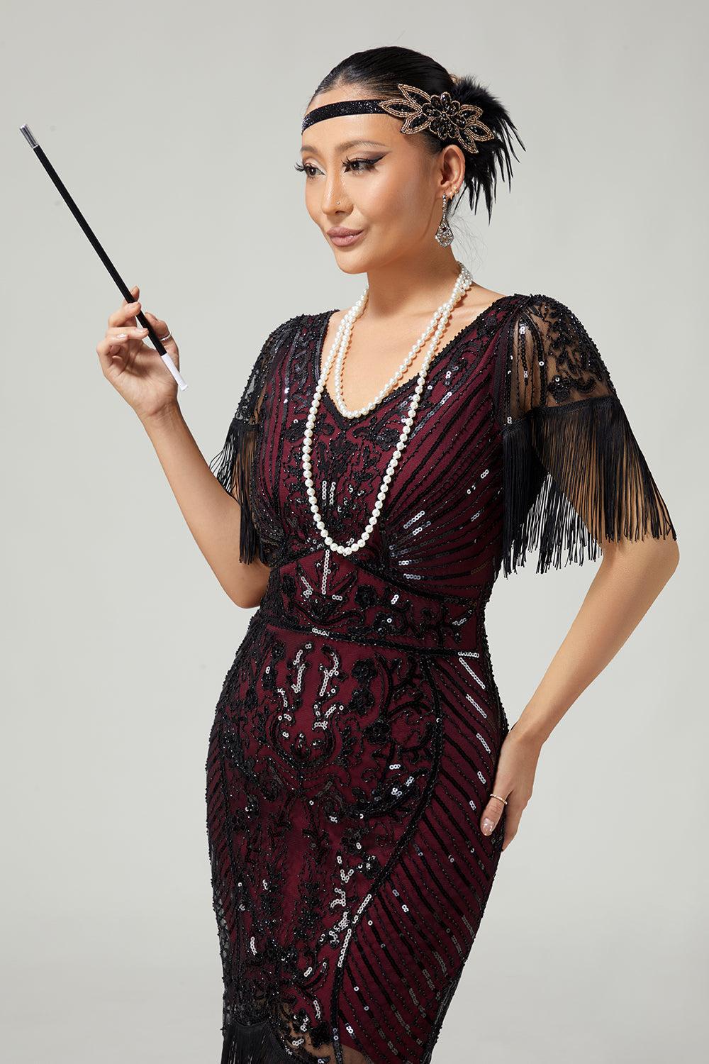 Burgundy Bodycon Sequin Fringed 1920s Dress With 5-Piece Accessories Set