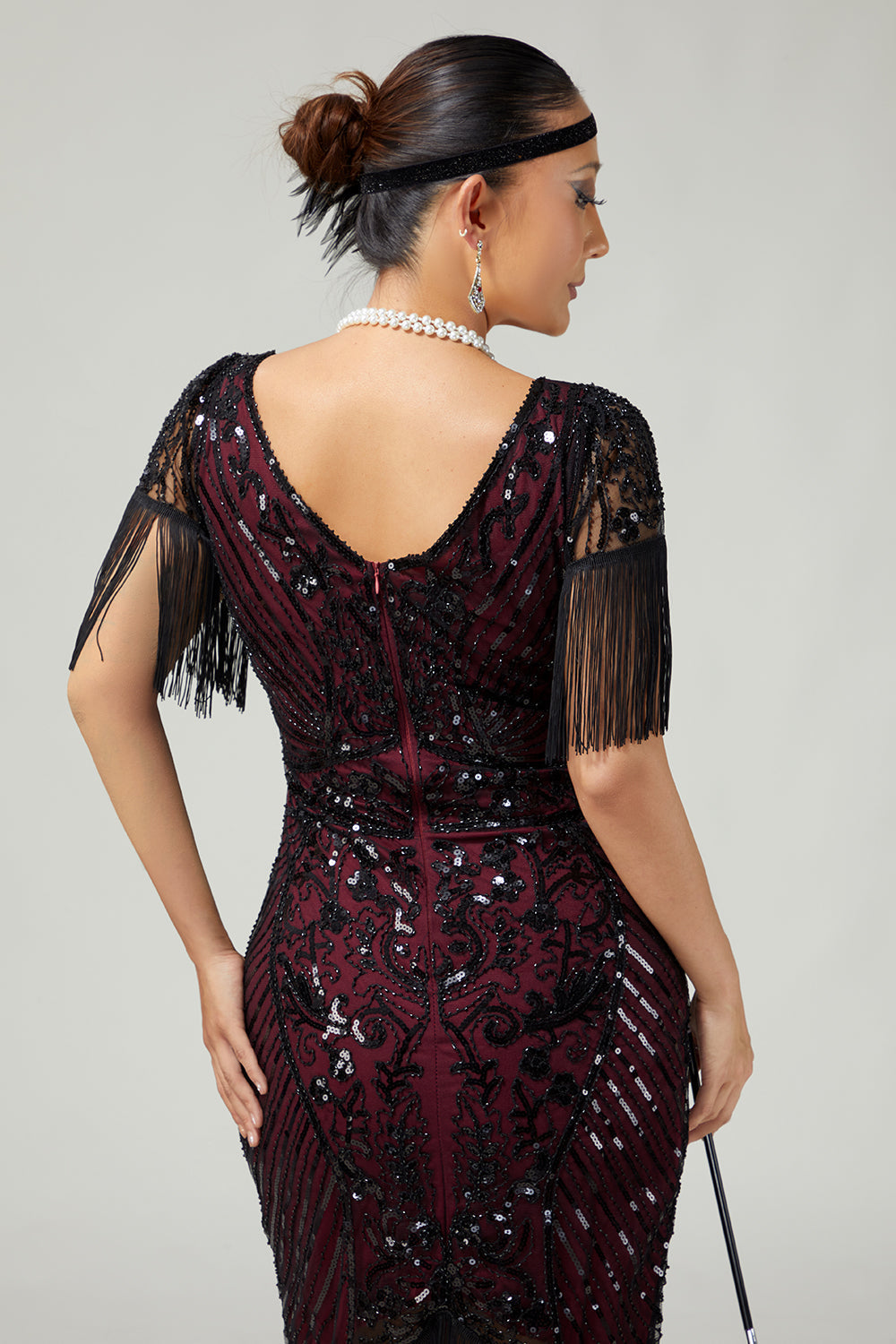 Burgundy Bodycon Sequin Fringed 1920s Dress With 5-Piece Accessories Set