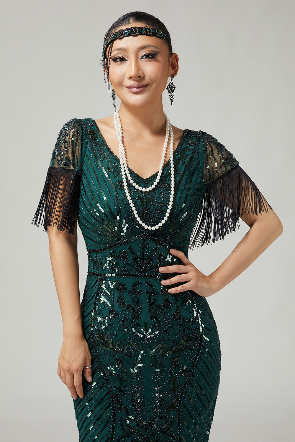 Dark Green Sequin Fringed Bodycon 1920s Dress with 5-Piece Accessories Set