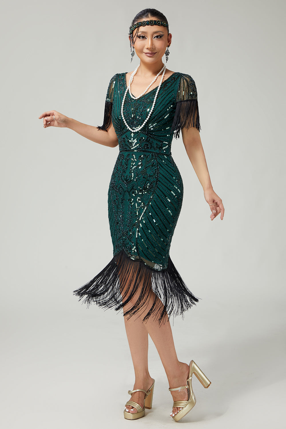 Dark Green Sequin Fringed Bodycon 1920s Dress with 5-Piece Accessories Set