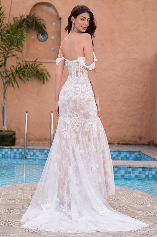 White Mermaid Off-the-Shoulder Sweep Train Bridal Dress with Appliqué Lace