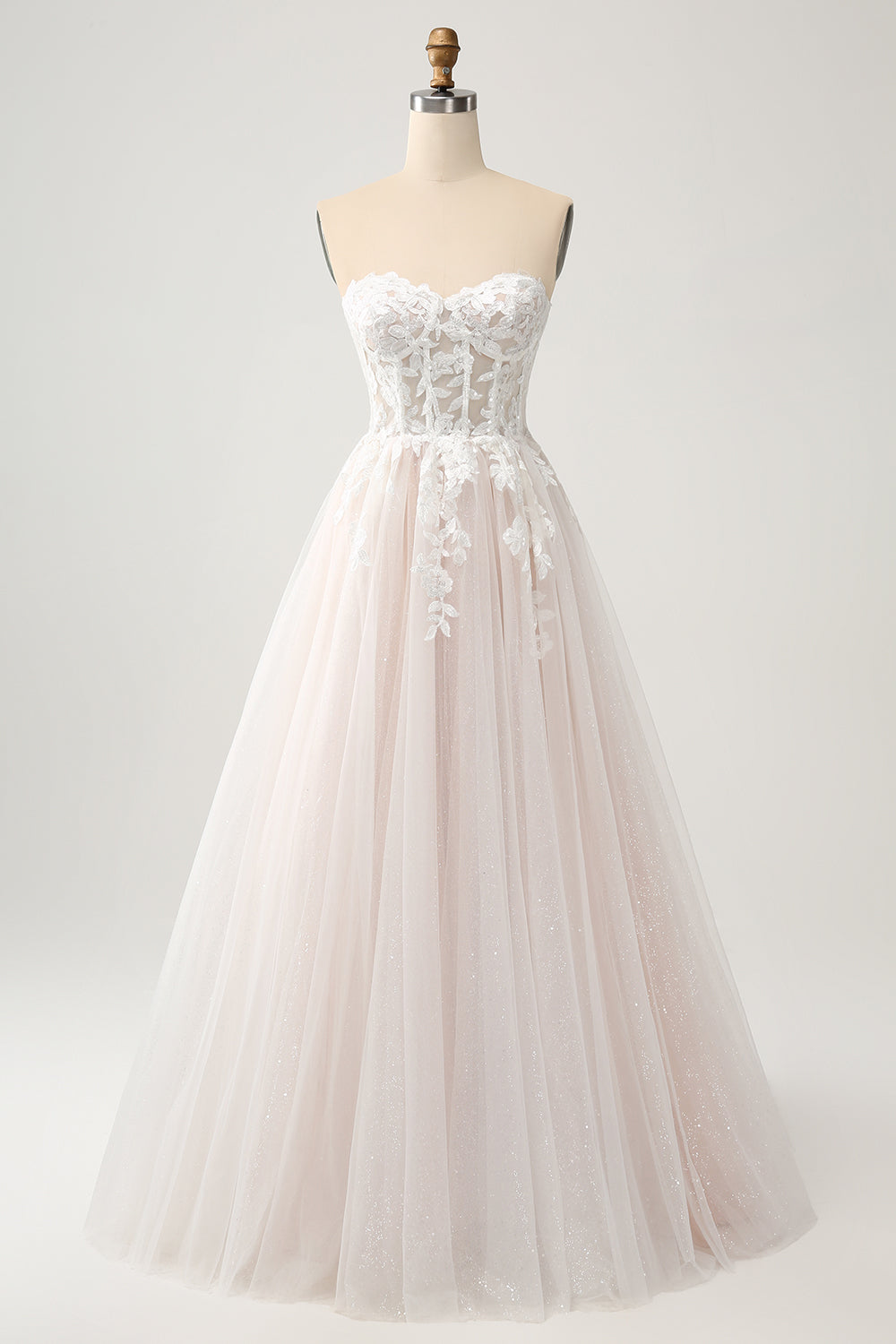 Robe de mariée bustier coupe trapèze blanche et scintillante avec dentelle appliquée