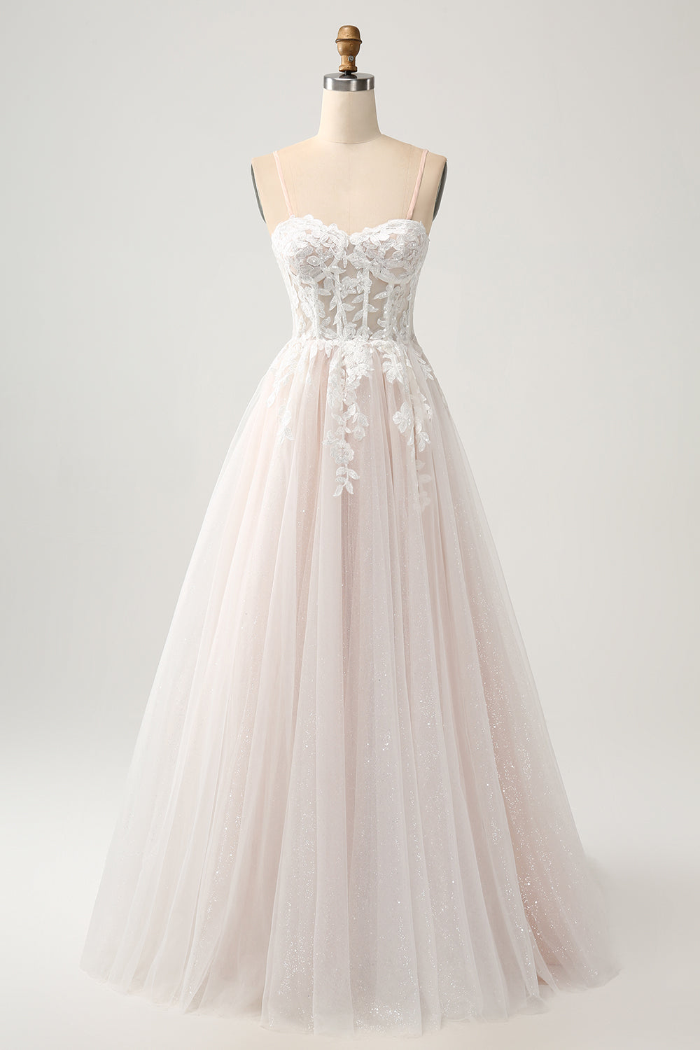 Robe de mariée bustier coupe trapèze blanche et scintillante avec dentelle appliquée