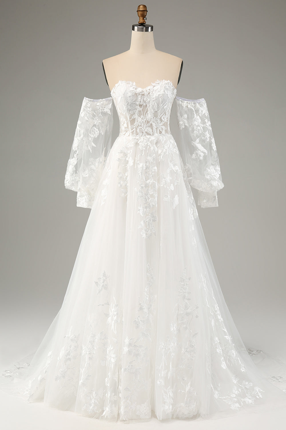 Robe de mariée évasée en tulle blanc avec manches longues et appliques en dentelle