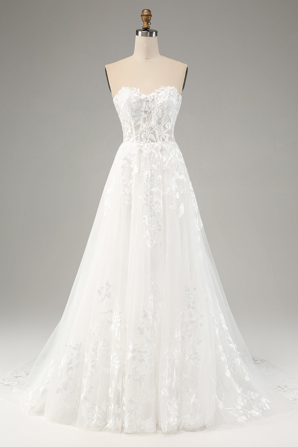 Robe de mariée évasée en tulle blanc avec manches longues et appliques en dentelle