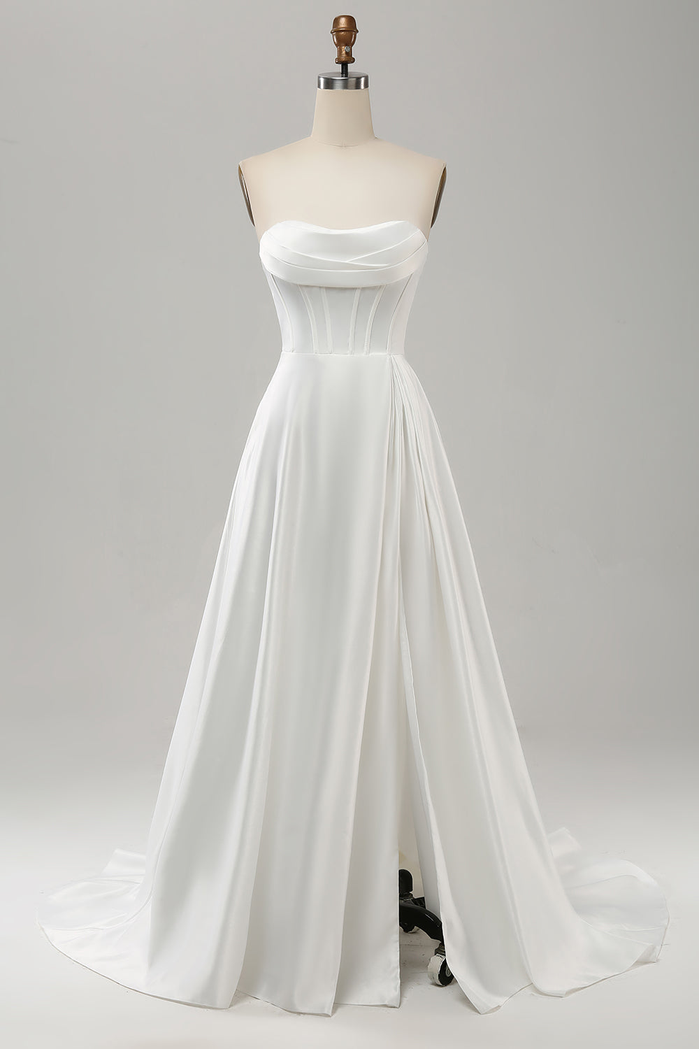 Elegant A-Line Strapless Pleated Sweep Train White Wedding Dress with Slit