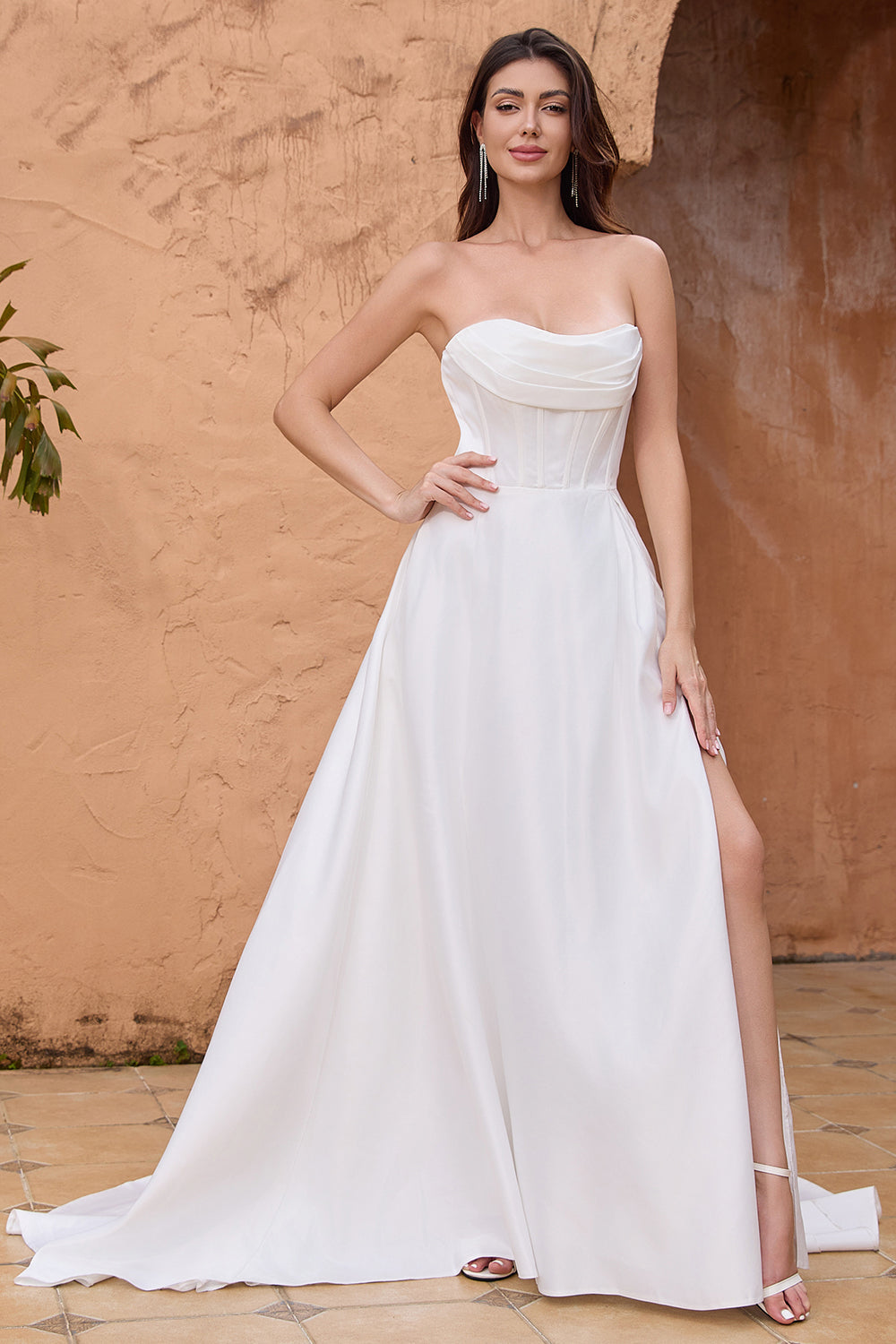 Elegant A-Line Strapless Pleated Sweep Train White Wedding Dress with Slit