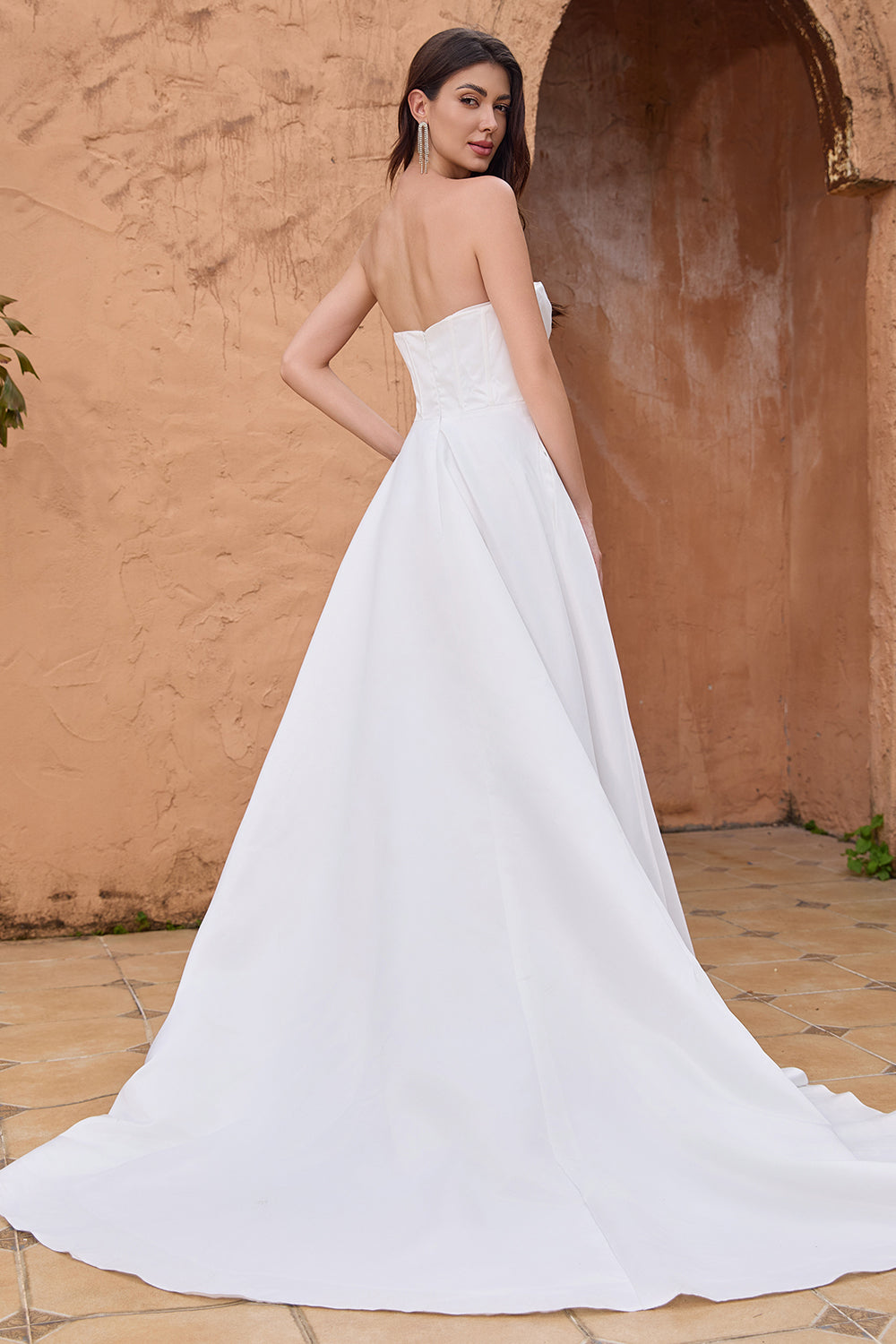 Elegant A-Line Strapless Pleated Sweep Train White Wedding Dress with Slit