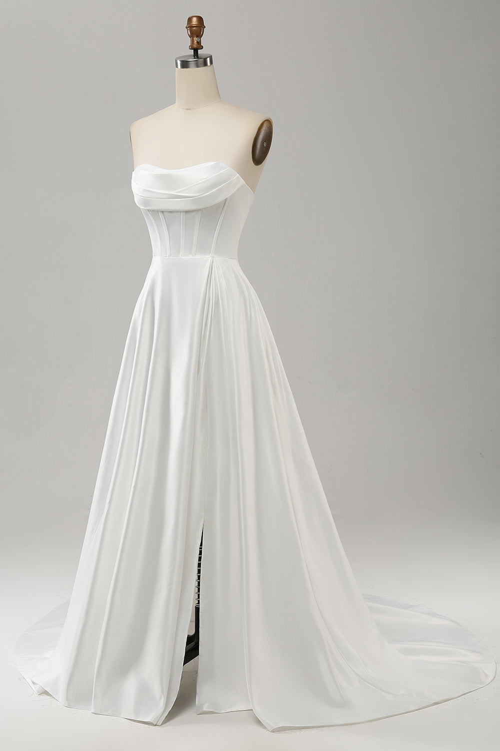 Robe de mariée bustier élégante blanche ligne A plissée traîne balayage avec fente