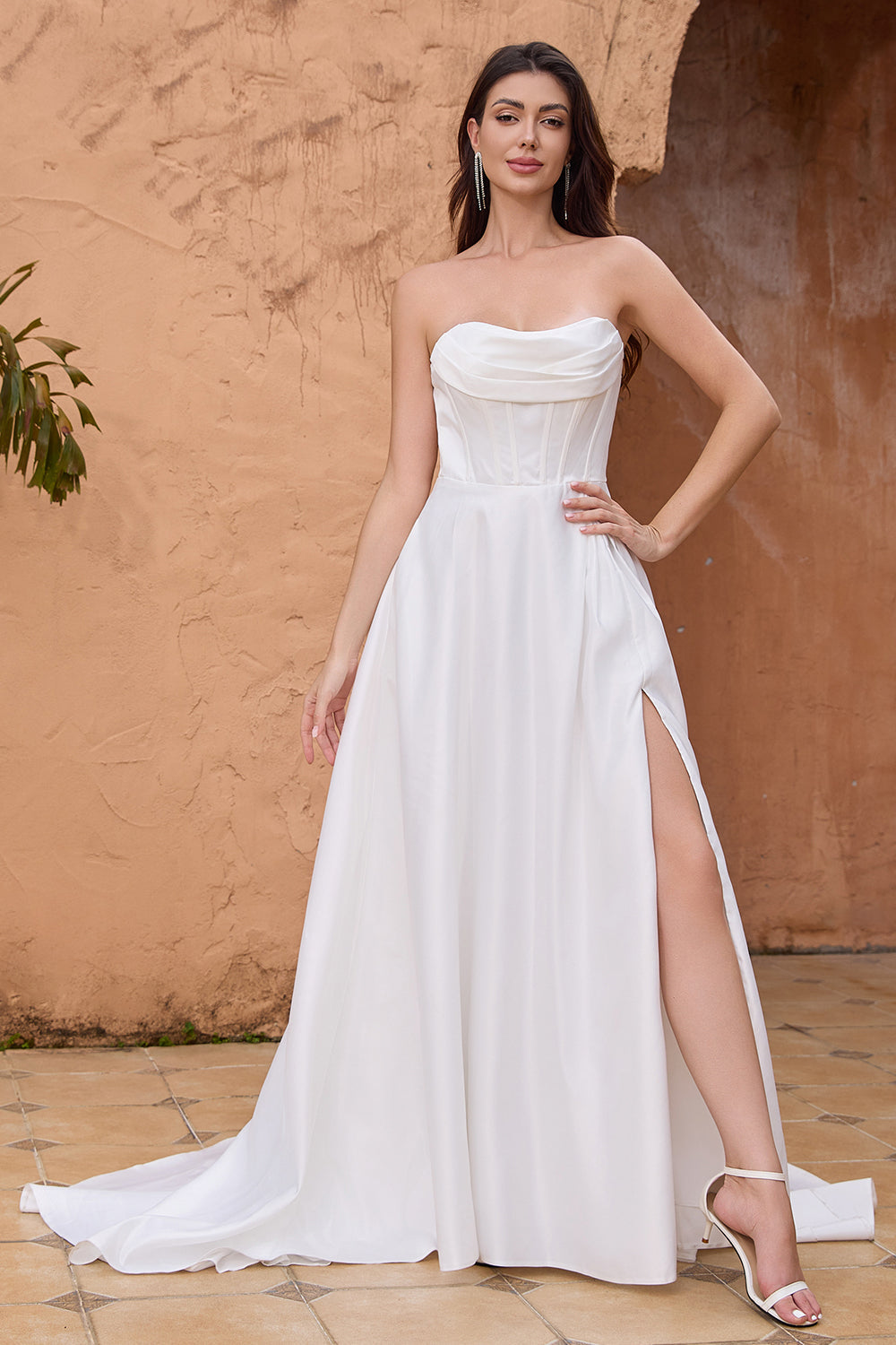Elegant A-Line Strapless Pleated Sweep Train White Wedding Dress with Slit