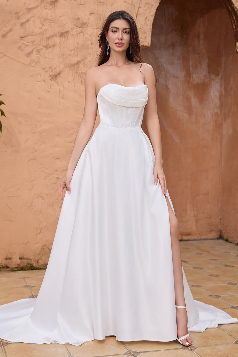 Elegant A-Line Strapless Pleated Sweep Train White Wedding Dress with Slit