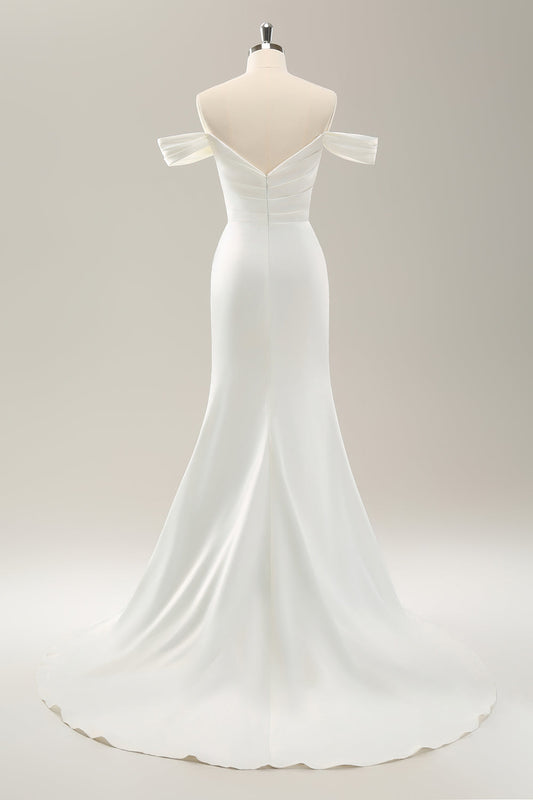 White Mermaid Off-Shoulder Pleated Satin Wedding Dress with Slit