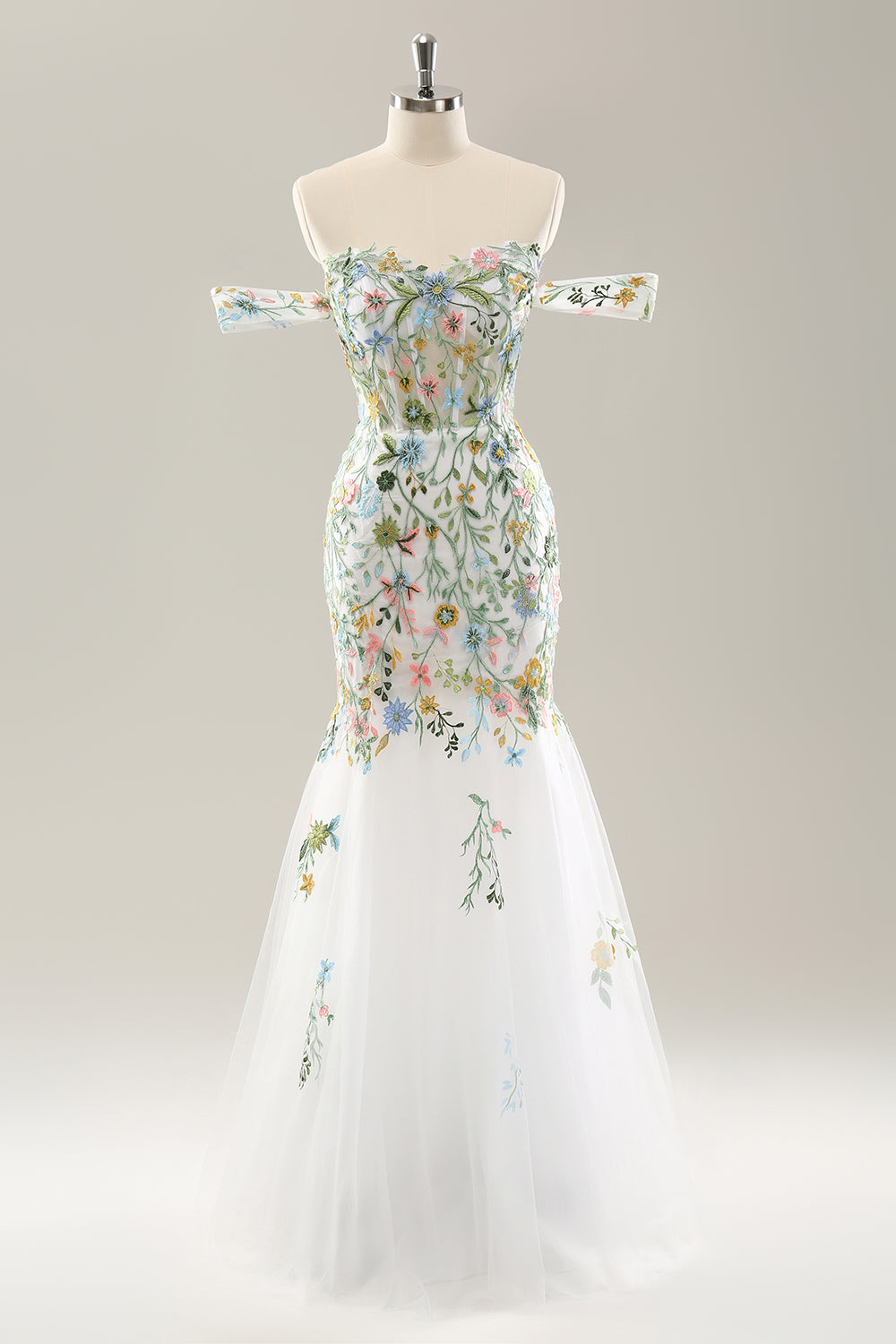 Robe de mariée bustier à épaules dénudées avec fleurs et corset, coupe sirène blanche