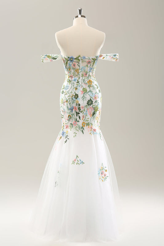 White Mermaid Off-the-Shoulder Floral Corset Bridal Gown