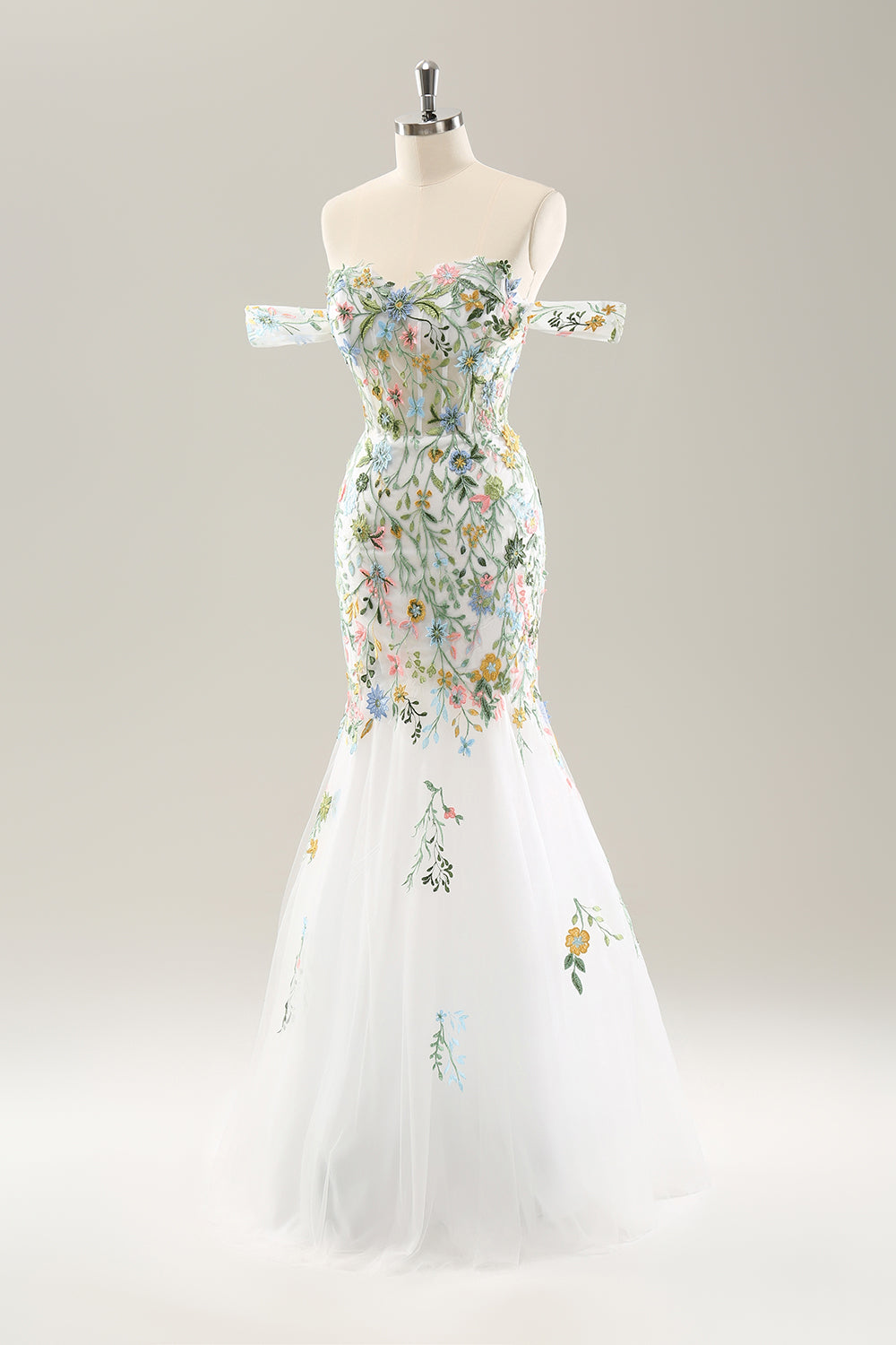 Robe de mariée bustier à épaules dénudées avec fleurs et corset, coupe sirène blanche