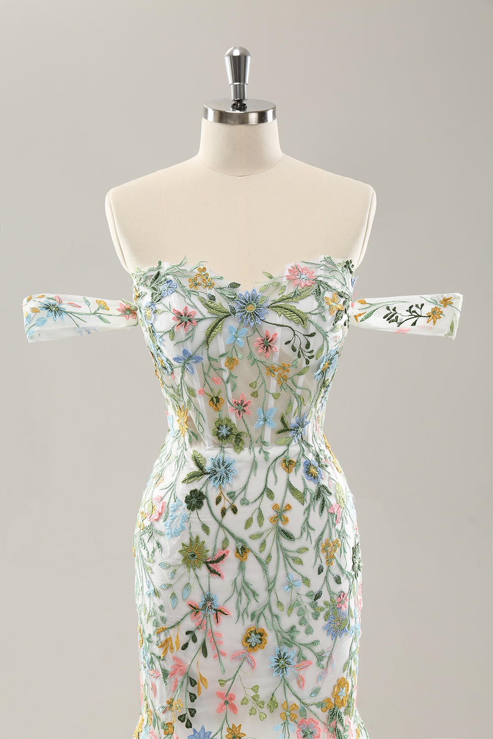 Robe de mariée bustier à épaules dénudées avec fleurs et corset, coupe sirène blanche