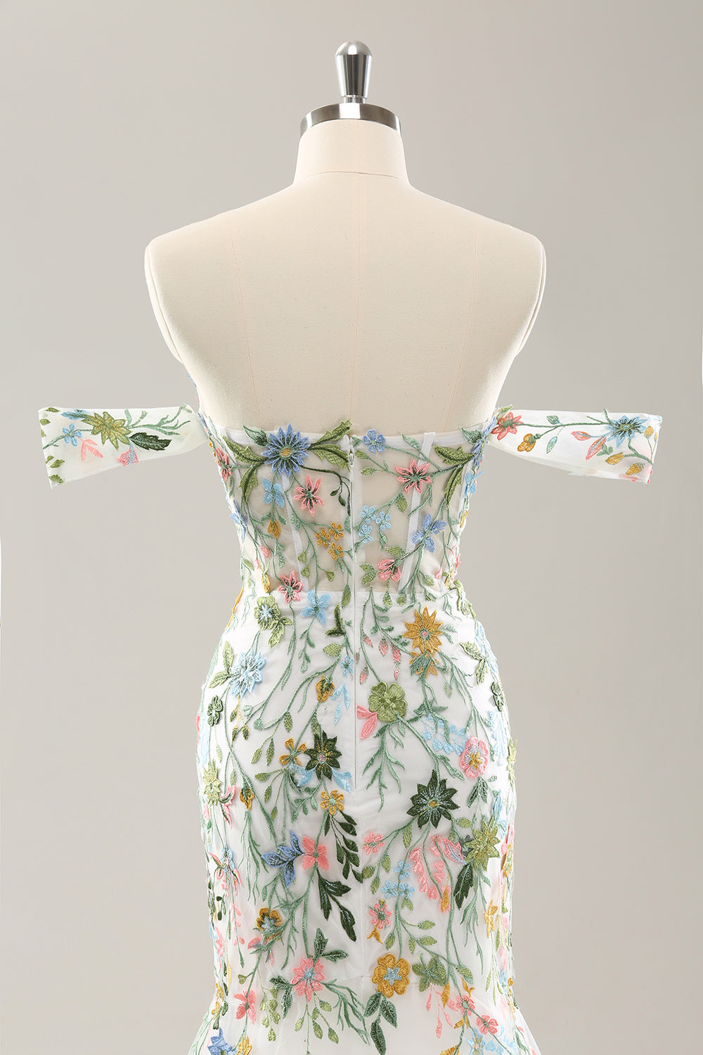 Robe de mariée bustier à épaules dénudées avec fleurs et corset, coupe sirène blanche