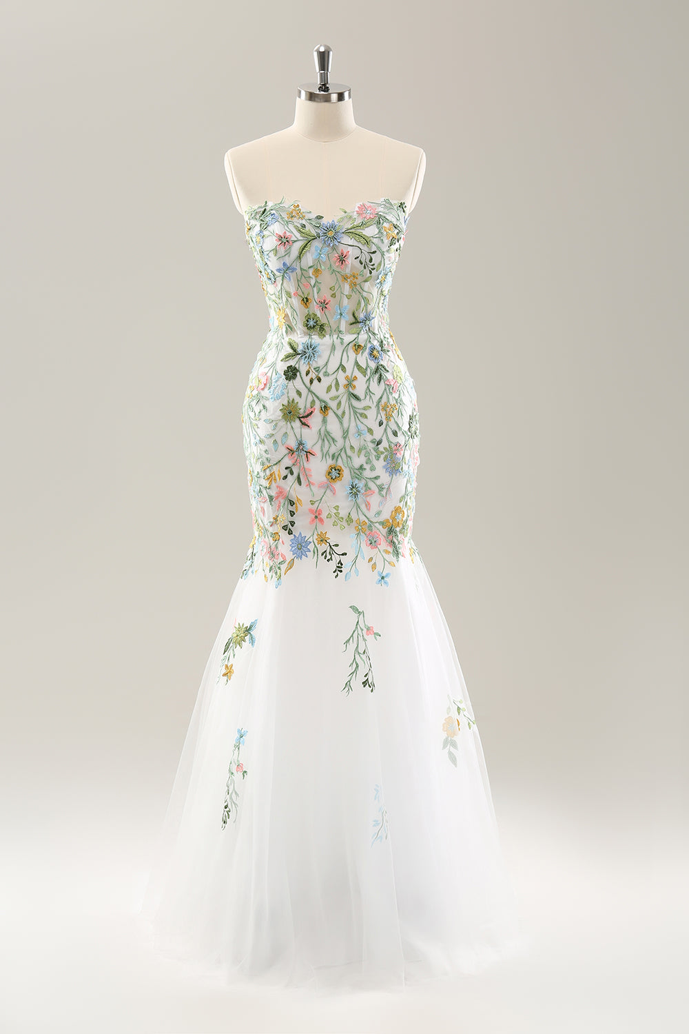 Robe de mariée bustier à épaules dénudées avec fleurs et corset, coupe sirène blanche