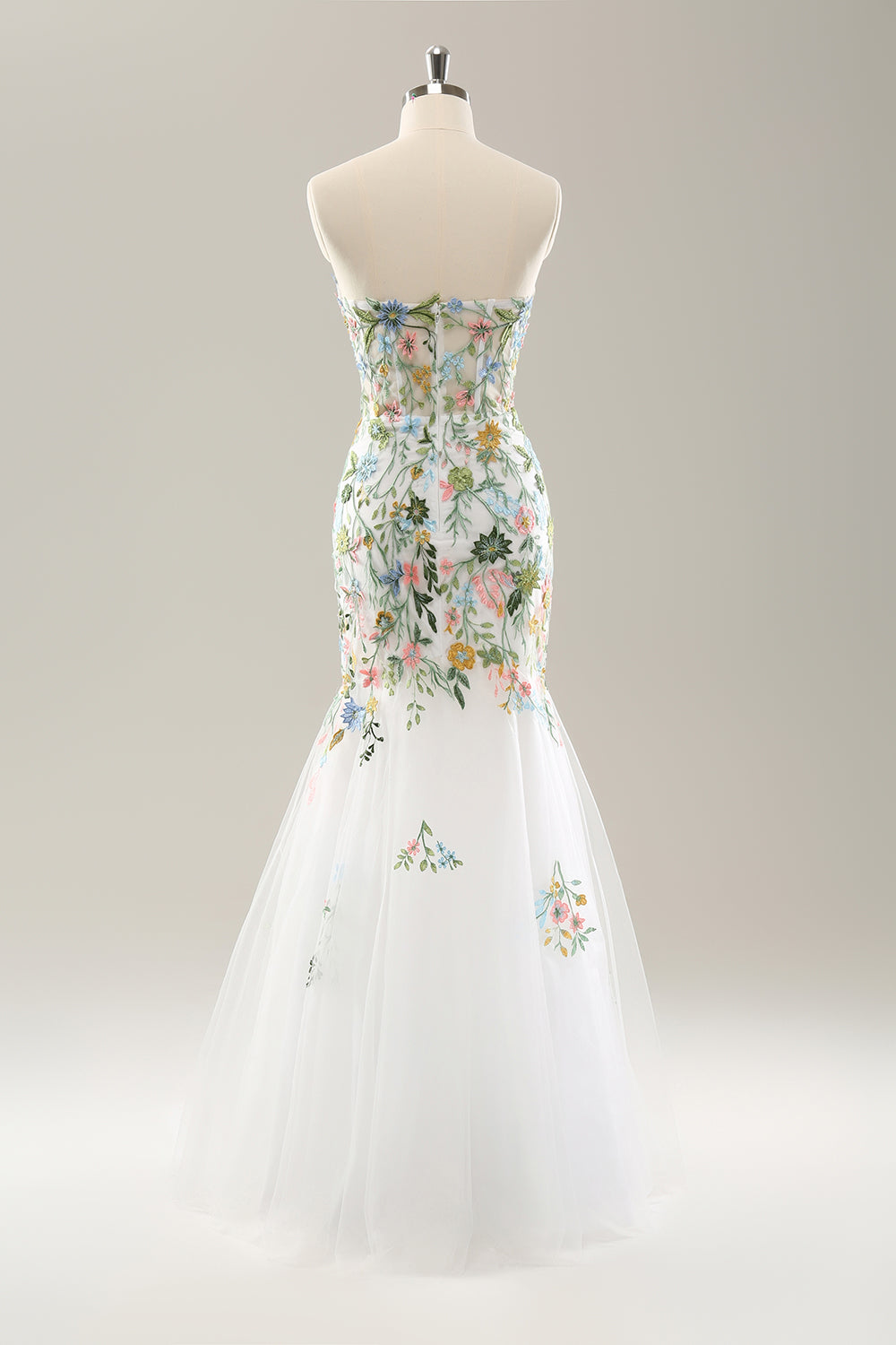 Robe de mariée bustier à épaules dénudées avec fleurs et corset, coupe sirène blanche