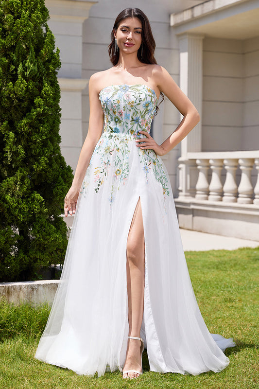 White A-Line Strapless Tulle Long Slit Wedding Dress with 3D Flowers
