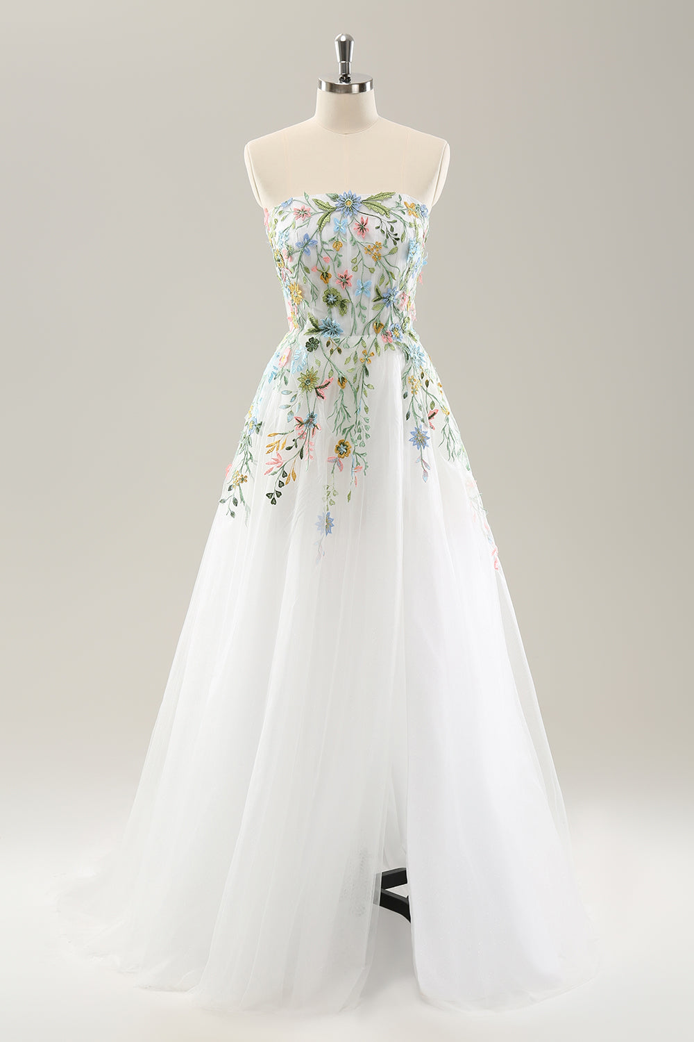 White A Line Strapless Tulle Long Slit Wedding Dress with 3D Flowers