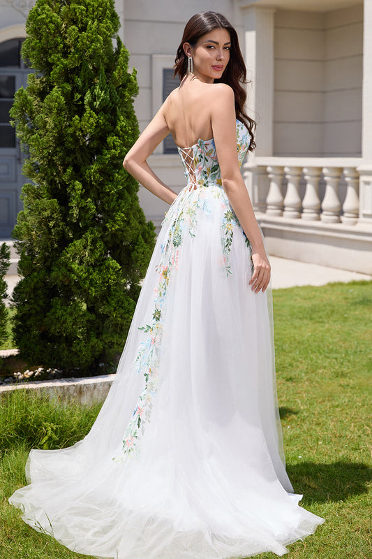 White A-Line Strapless Tulle Long Slit Wedding Dress with 3D Flowers