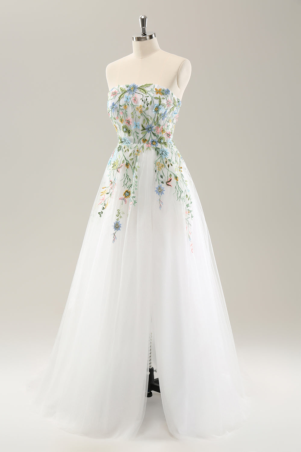 Robe de mariée bustier blanche évasée en tulle à fleurs 3D avec fente
