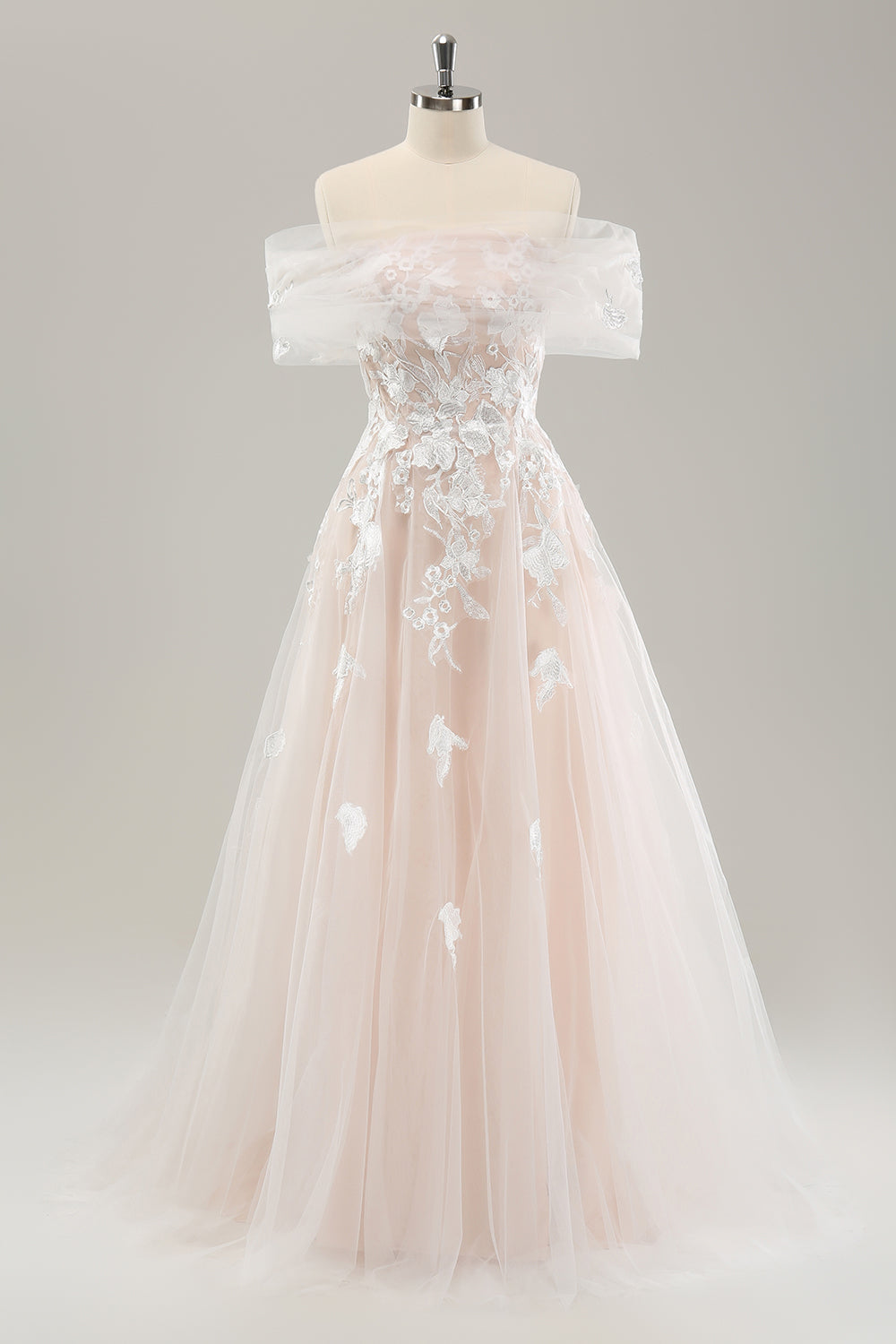 White A-Line Off-the-Shoulder Tulle Lace Bridal Party Dress with Embroidery