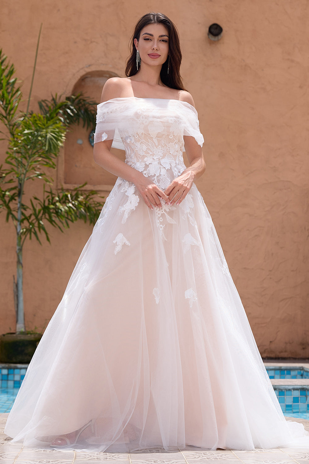 White A-Line Off-the-Shoulder Tulle Lace Bridal Party Dress with Embroidery