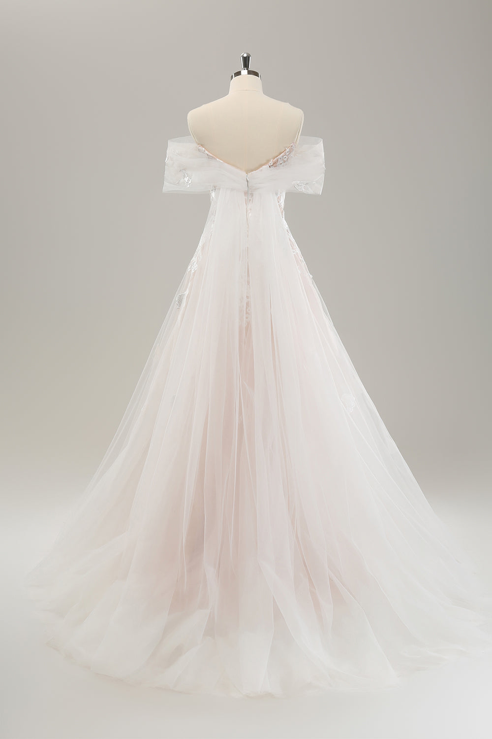 White A-Line Off-the-Shoulder Tulle Lace Bridal Party Dress with Embroidery