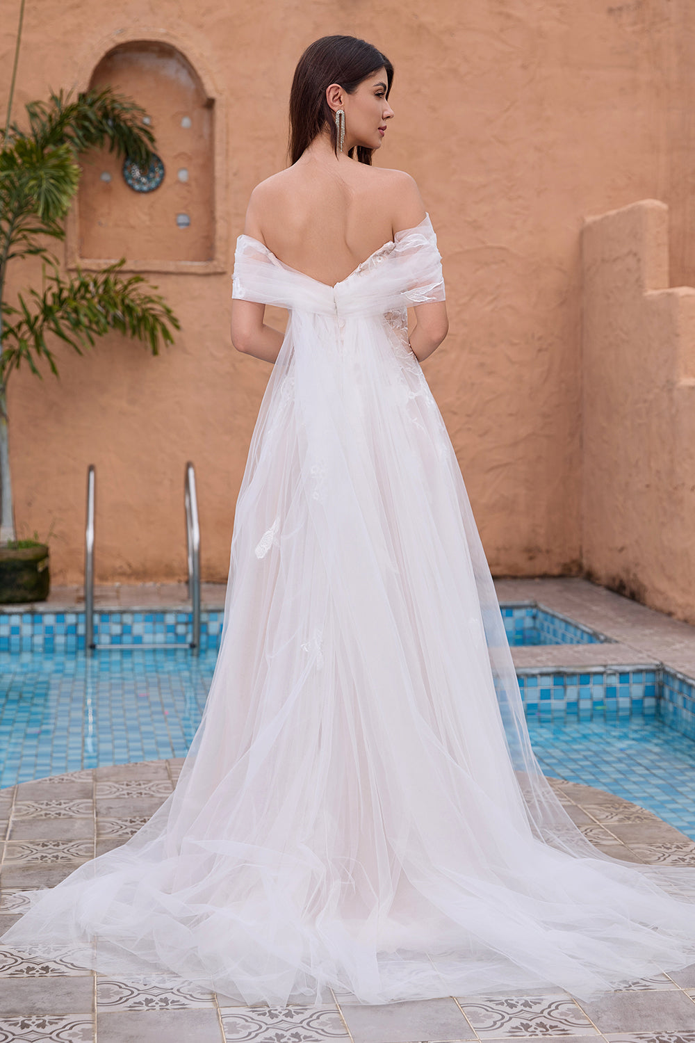 White A-Line Off-the-Shoulder Tulle Lace Bridal Party Dress with Embroidery