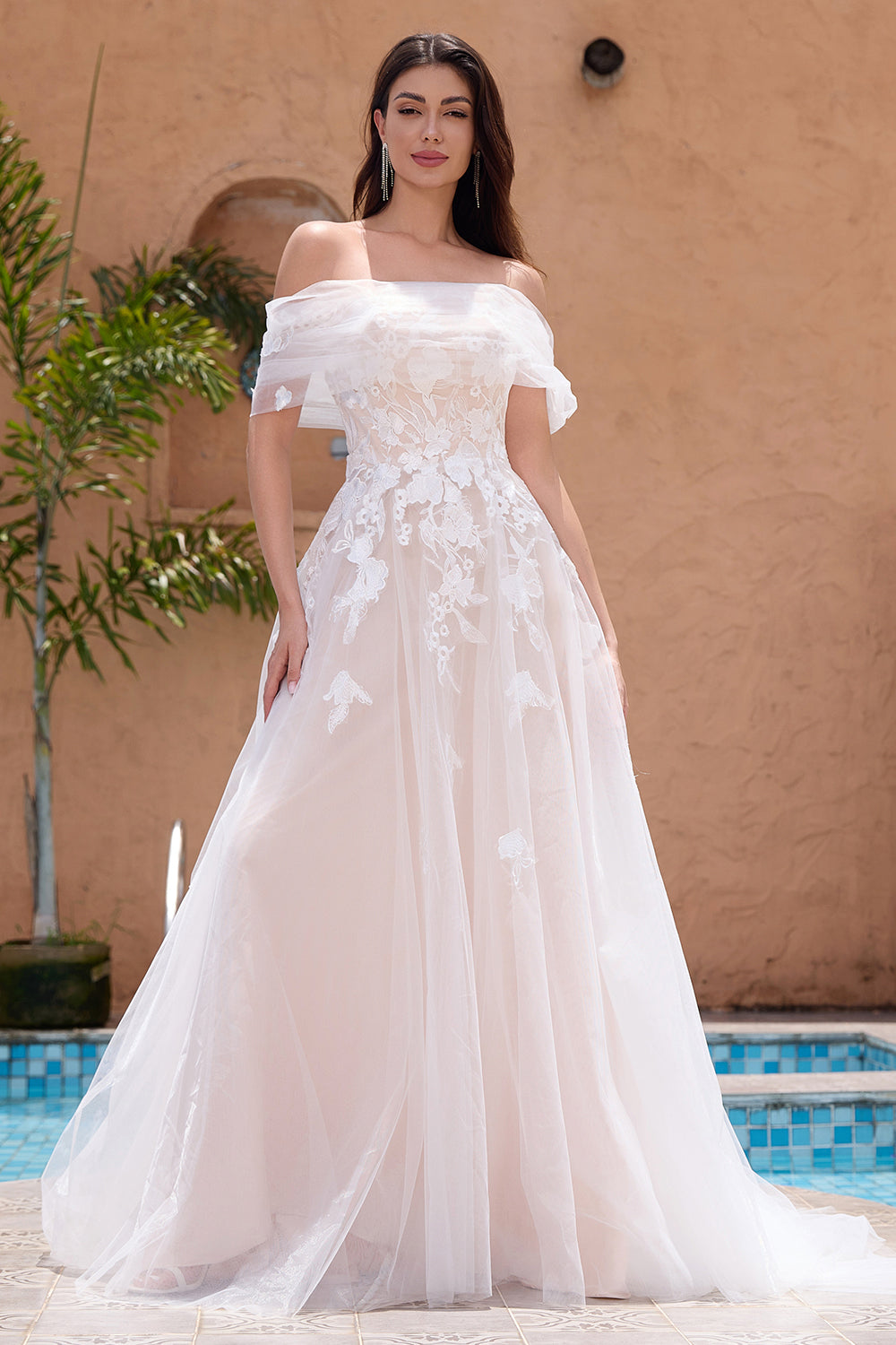 White A-Line Off-the-Shoulder Tulle Lace Bridal Party Dress with Embroidery
