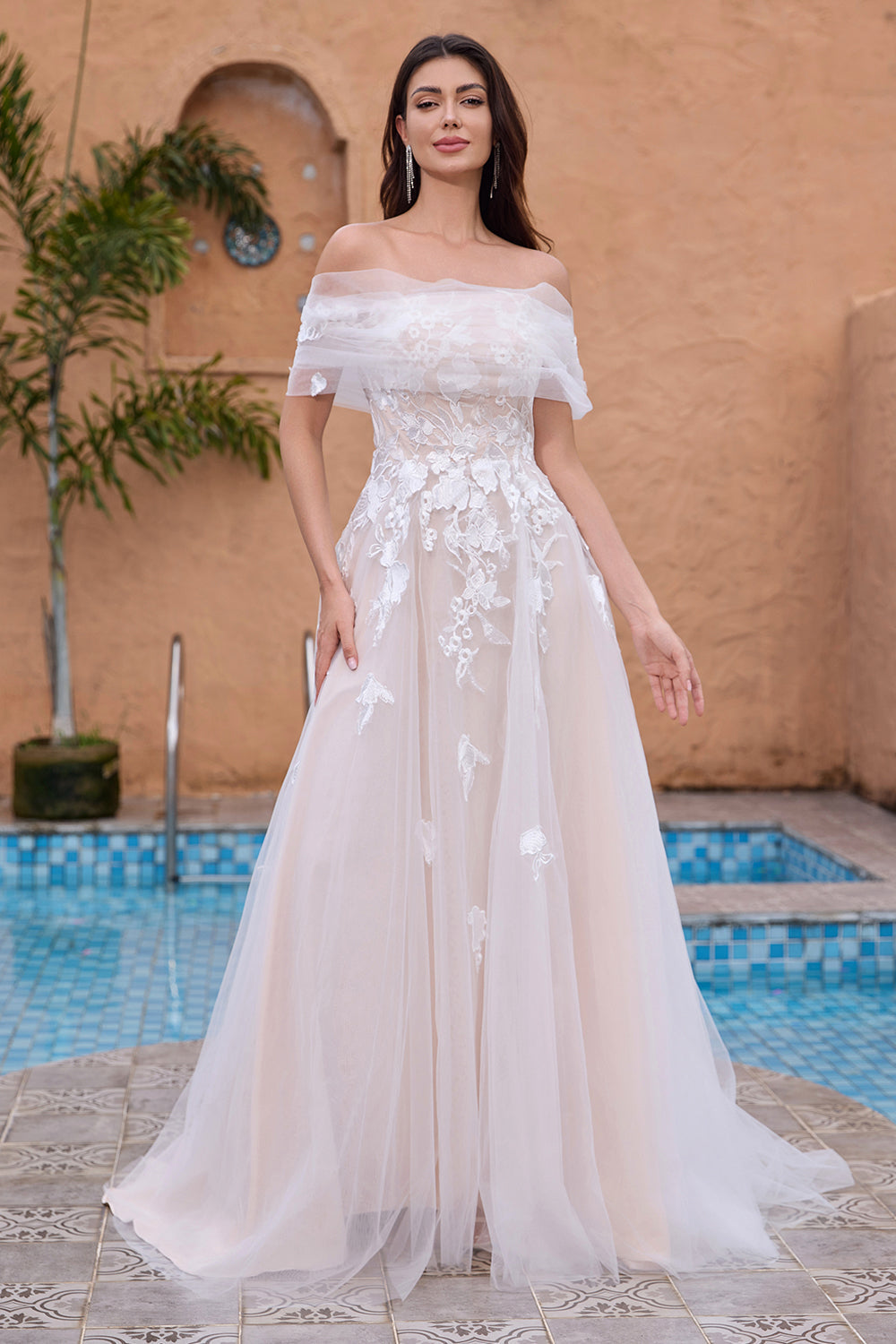 White A-Line Off-the-Shoulder Tulle Lace Bridal Party Dress with Embroidery