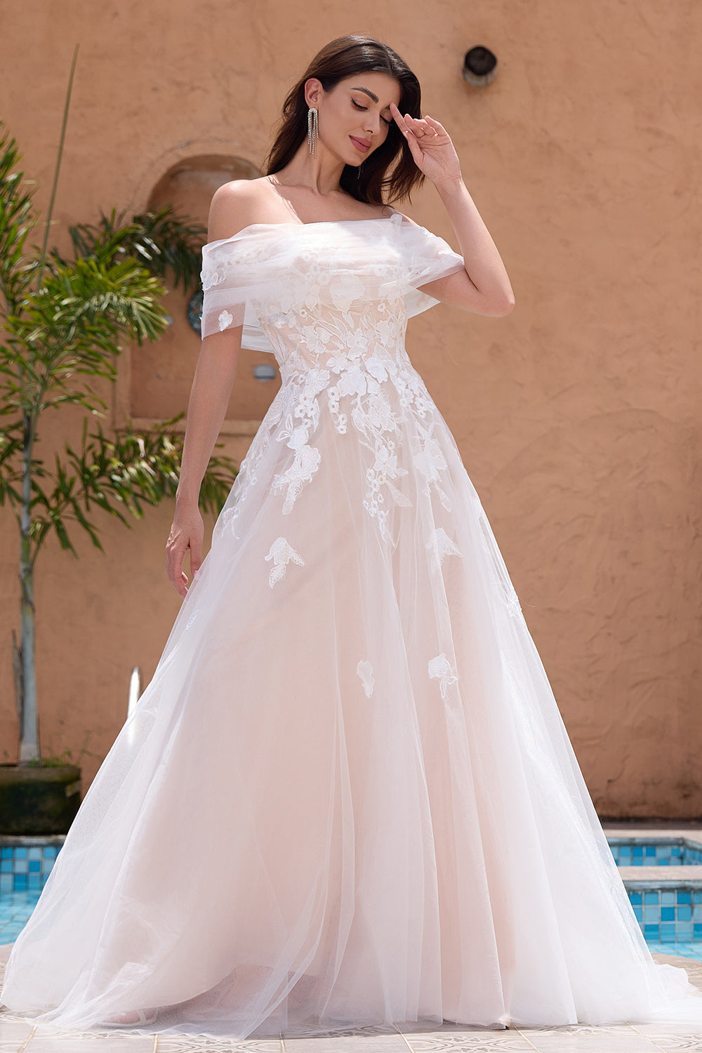 White A-Line Off-the-Shoulder Tulle Lace Bridal Party Dress with Embroidery