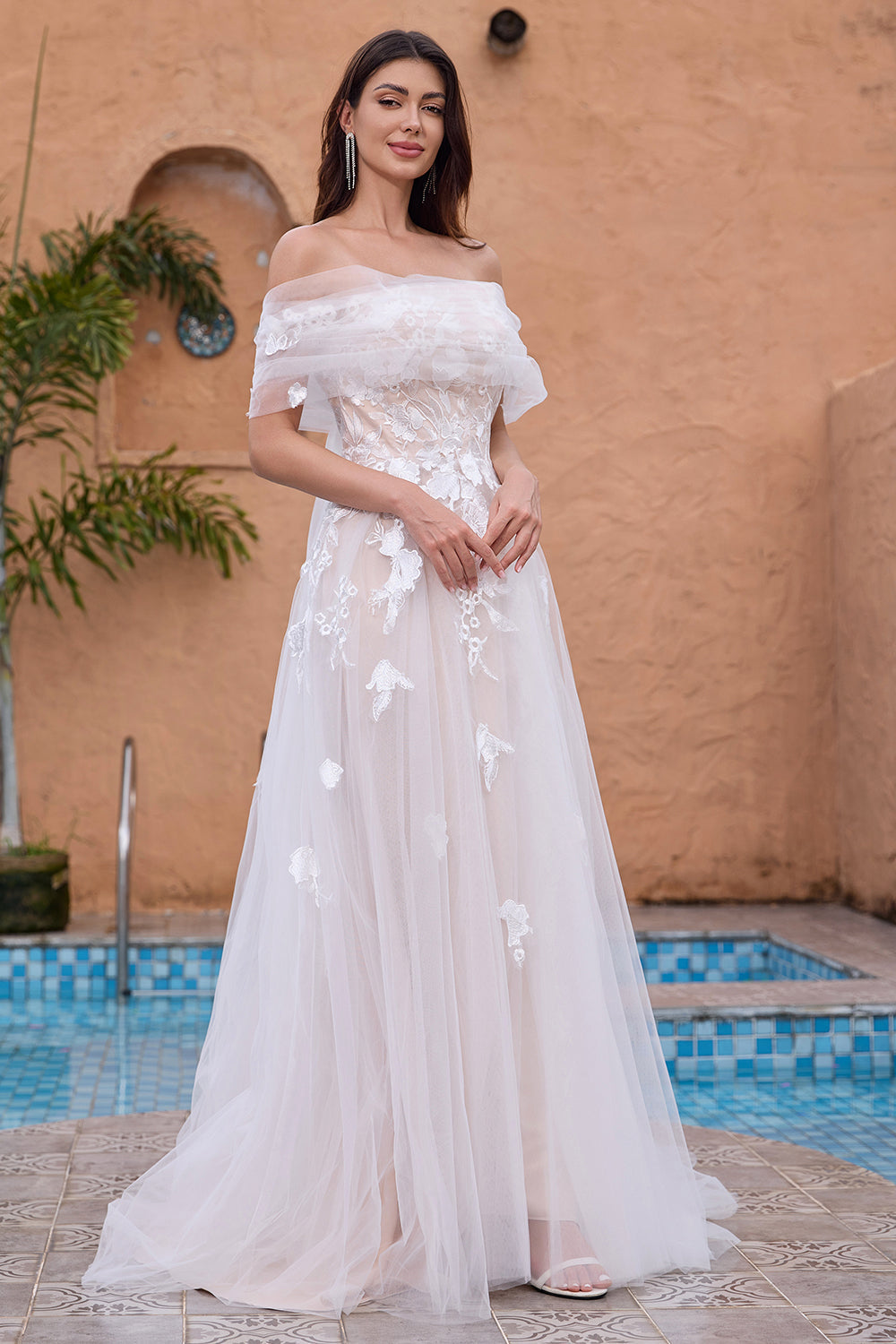 White A-Line Off-the-Shoulder Tulle Lace Bridal Party Dress with Embroidery