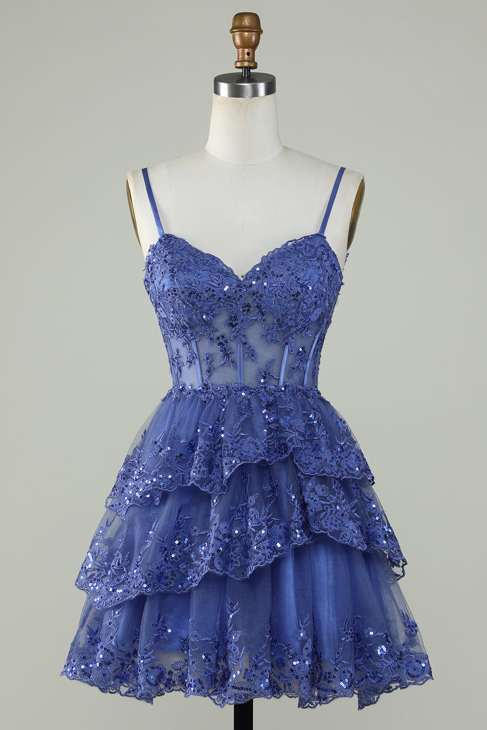 Cute A Line Spaghetti Straps Dark Blue Sparkly Corset Graduation Dress