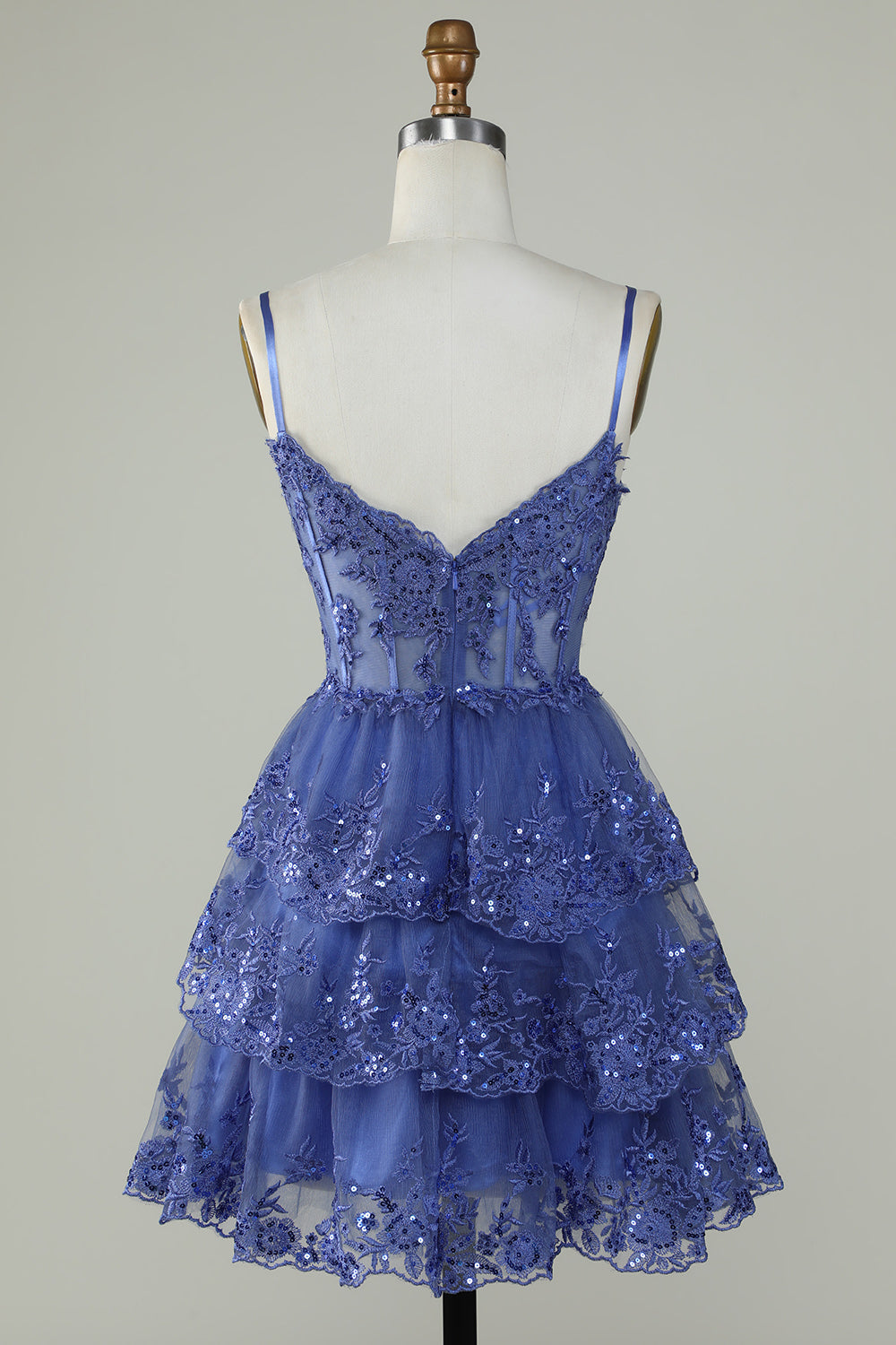 Cute A Line Spaghetti Straps Dark Blue Sparkly Corset Graduation Dress