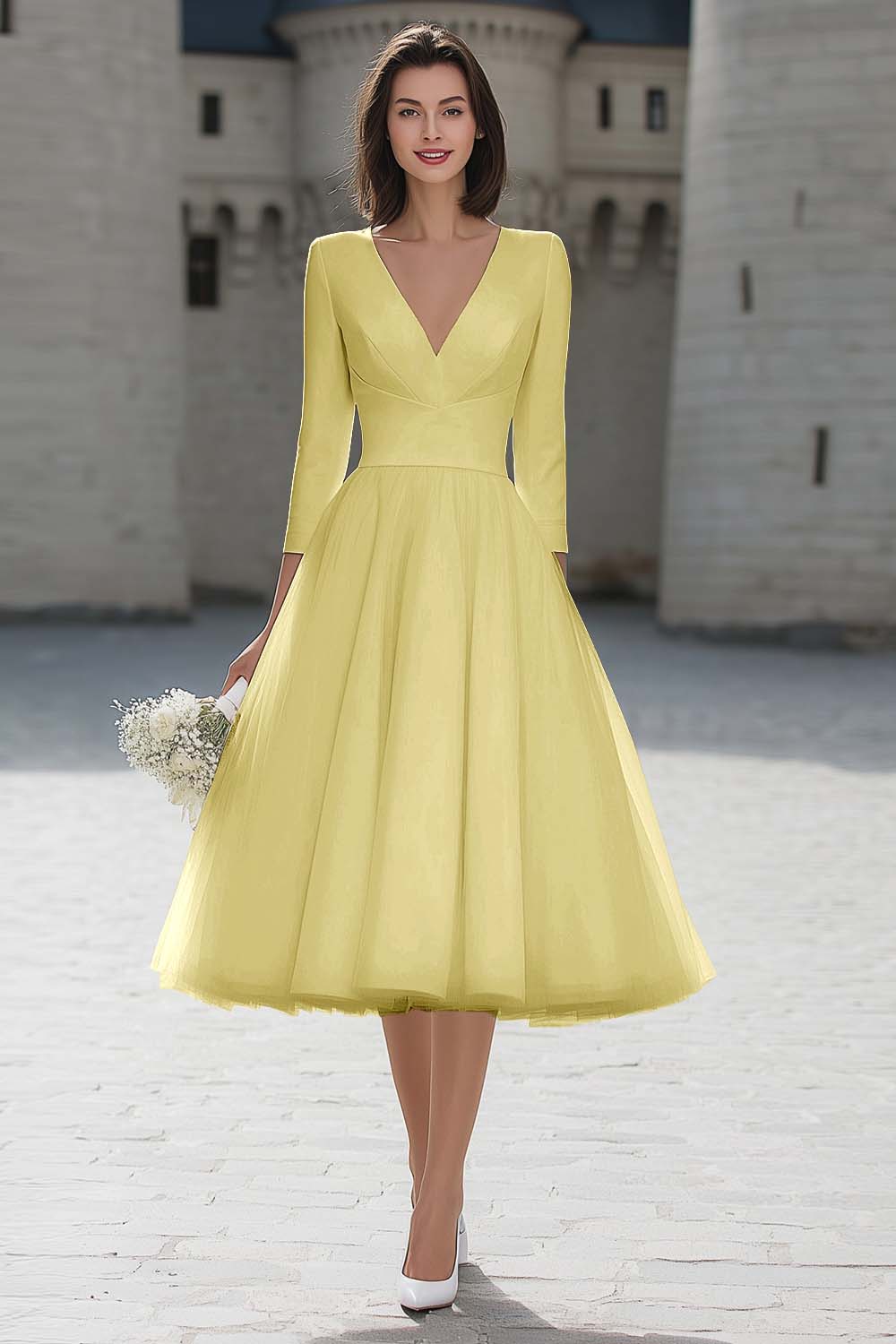 A-Line Ivory V-Neck Midi Engagement Dress