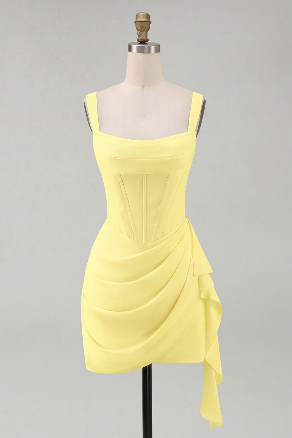 Ivory Corset Square Neck Ruched Bodycon Mini Graduation Dress with Ruffles