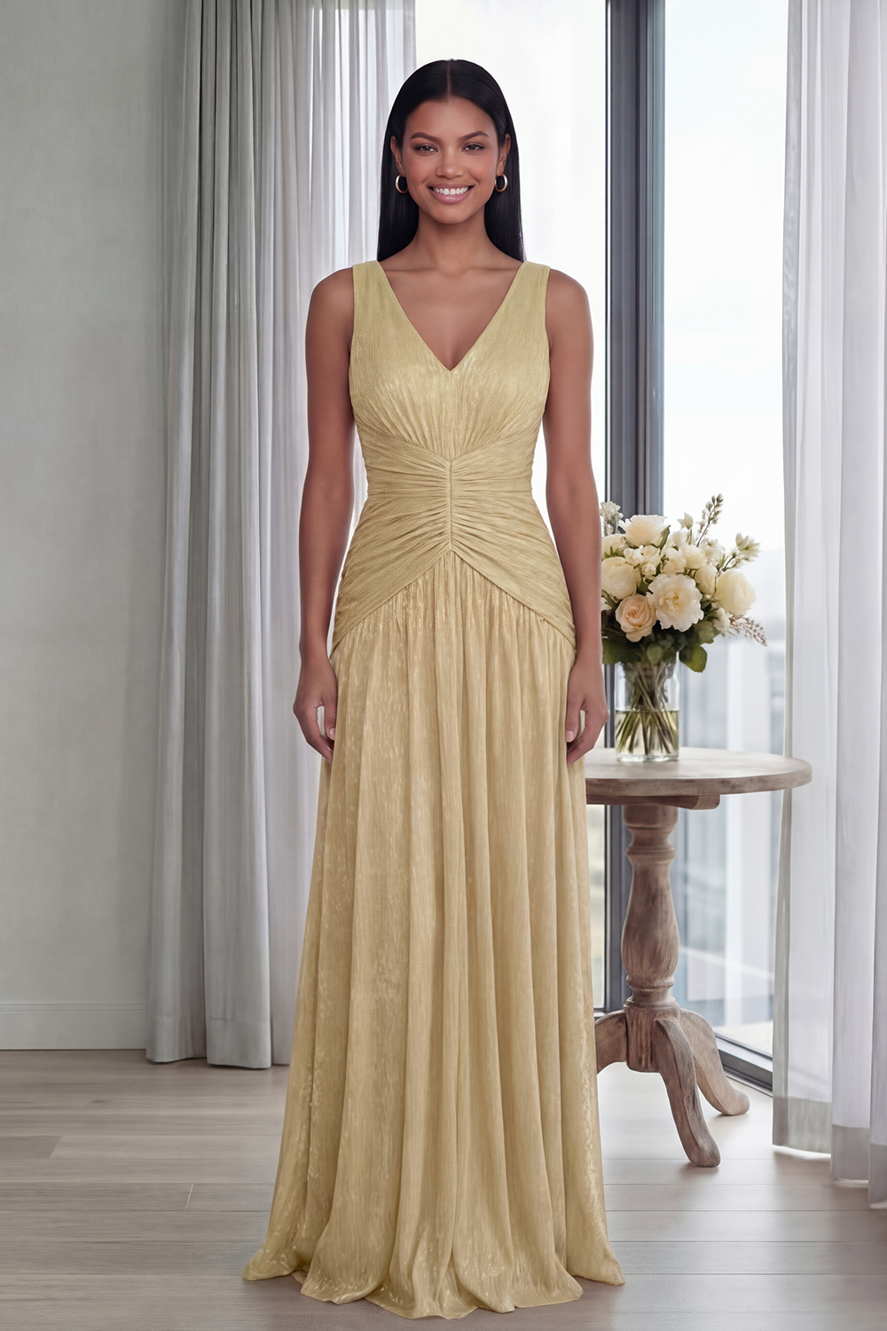 Dusty Rose V-Neck A-Line Pleated Long Formal Dress