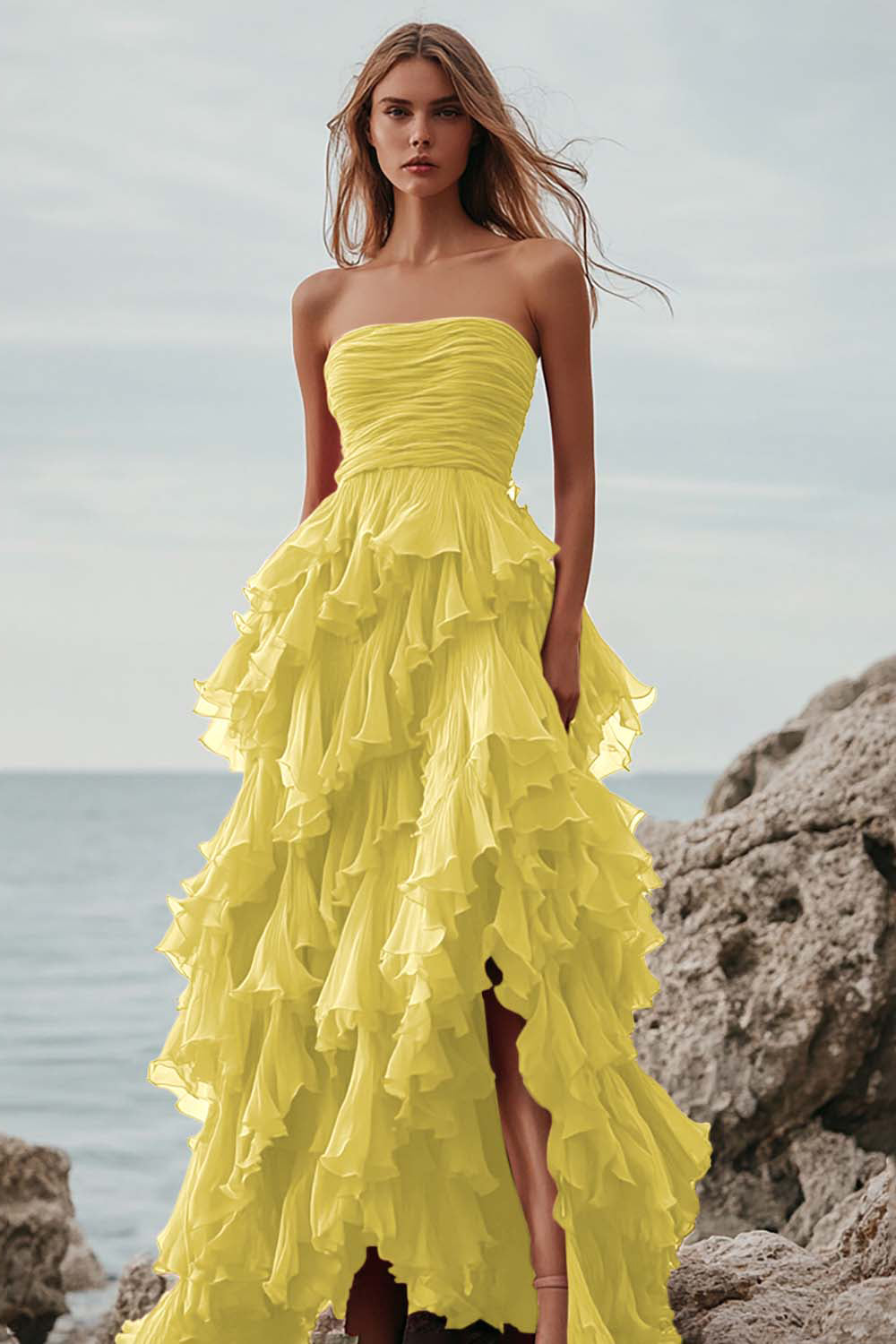 Fuchsia Ruffle A Line Strapless Long Formal Dress with Slit