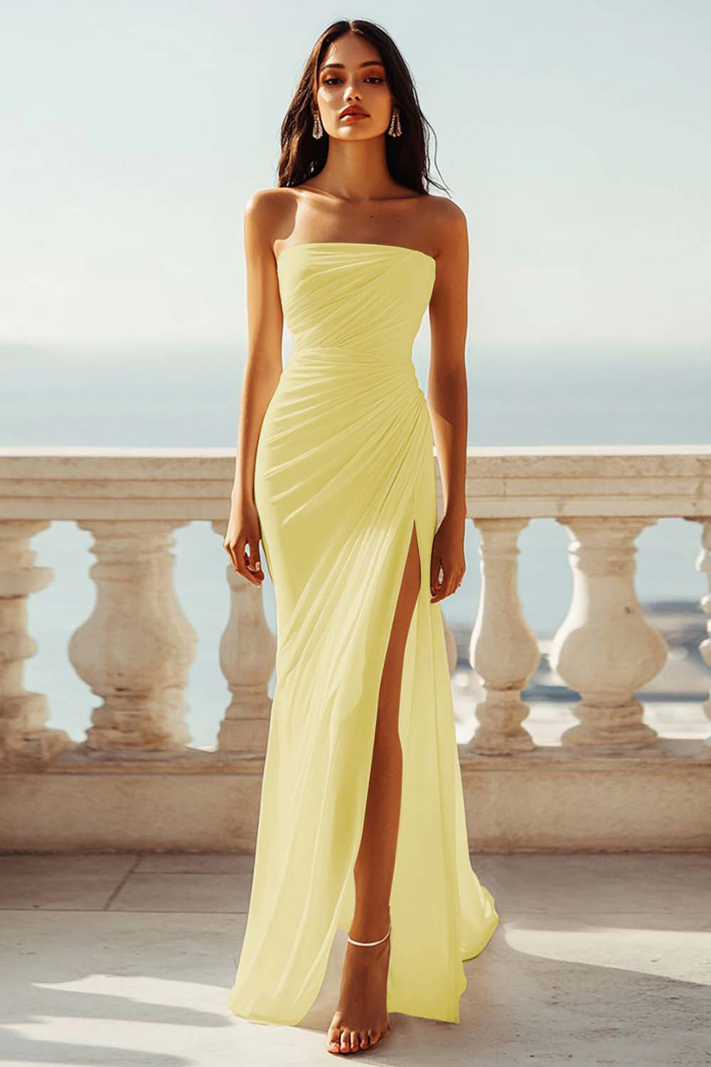 Ruched Strapless Chiffon Ivory Beach Engagement Dress with Slit